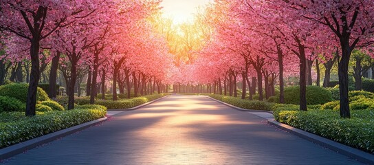 Fototapeta premium A serene pathway lined with blooming cherry blossom trees, illuminated by soft sunlight.