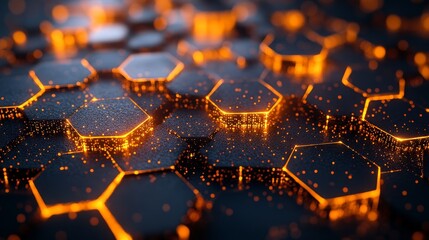 Abstract Orange and Black Hexagonal Pattern With Glowing Elements Creating a Dynamic and Visually Striking Background