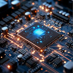 Close-up View of a Modern Microchip on a Circuit Board Illuminated by Glowing Lights in a Dark Environment Highlighting Technology's Intricacies