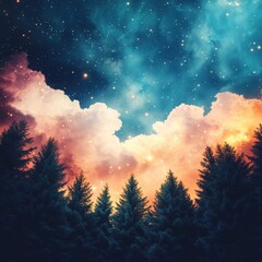 A breathtaking view of a starry sky over silhouetted trees, blending vibrant colors of twilight and cosmic wonder.