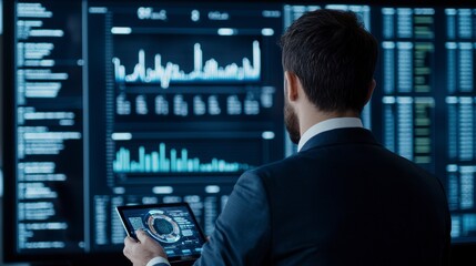 Fototapeta premium Business Professional Analyzing Financial Data on a Tablet in Front of Holographic Displays in a Modern Office Environment