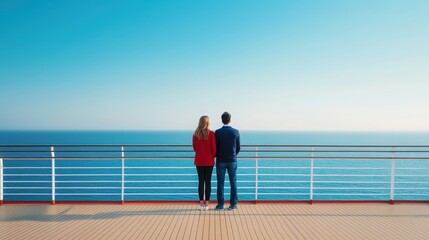 Fototapeta premium A couple stands together on a deck, admiring the vast ocean view under a clear blue sky, symbolizing love and connection.