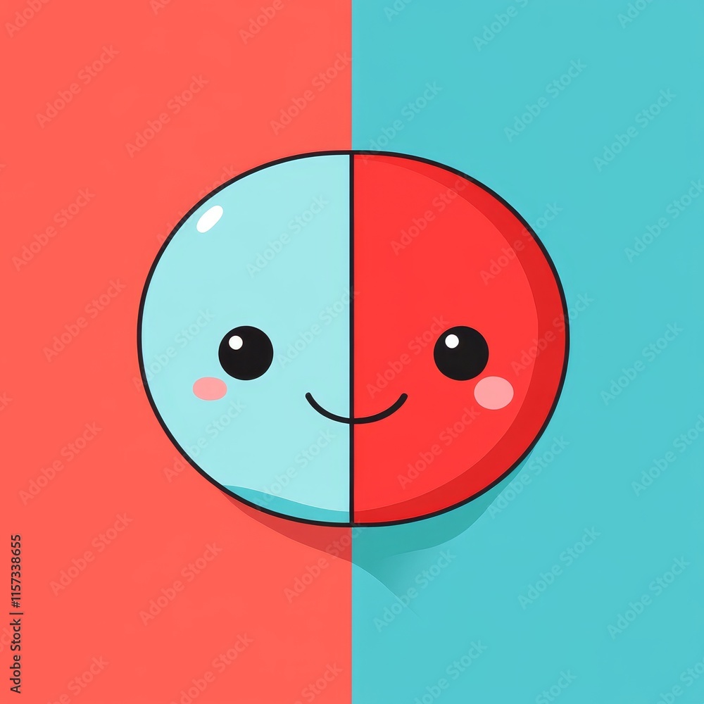 Poster Smiling Cartoon Character With Split Colors on a Colorful Background Displaying a Playful and Cheerful Expression