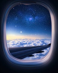 Illustrated airplane window with starry night the dark Starry night view through airplane window Illustrated window scene with cosmic skies Airplane window framing a dark starlit sky