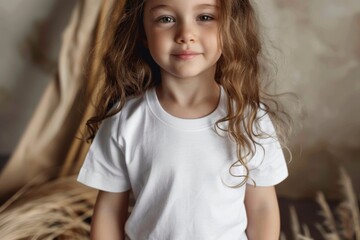 Naklejka premium Smiling child in white t-shirt