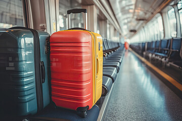 Fototapeta premium Luggage of train and plane passengers in the cabin. Cabin sized suitcase and bag. Concept for public mass transportation, traveling, trip, journey, homecoming, holiday, and vacations