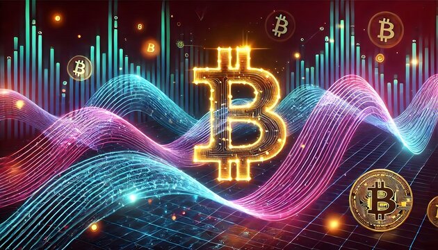 Crypto Digital Dynamics: Bitcoin Symbol Amid Flowing Technological Waves