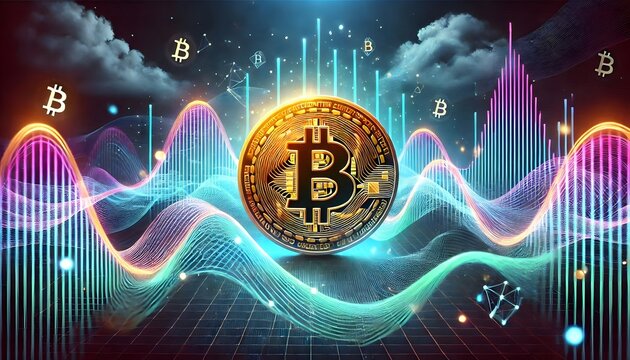 Abstract Digital Flow: Bitcoin Emblem in Technological Wave Landscape