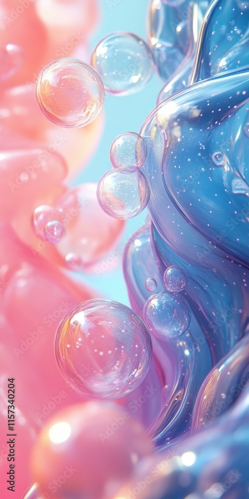 Poster abstract close-up of colorful bubbles in pink and blue flowing textures creating a vibrant and dynam
