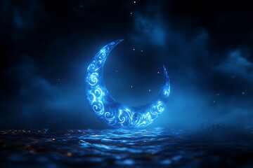 Glowing blue crescent moon over water.