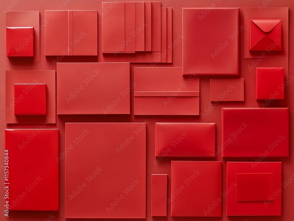 Poster collection of red envelopes and boxes arranged neatly on a red surface showcasing various shapes and