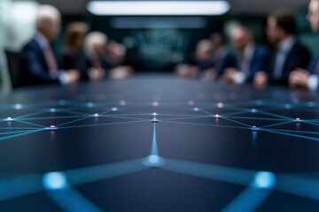 A High-Tech Conference Room Featuring a Data-Driven Table with Light Connections, Perfect for Discussions on Analytics and Modern Business Strategies