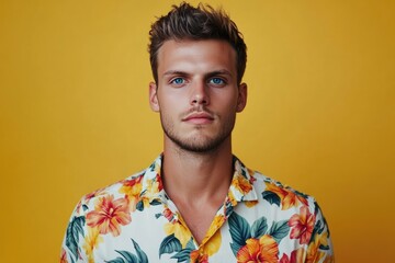 Serious young man with blue eyes on vacation.