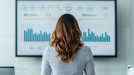 Professional businesswoman presenting financial data and growth strategies during a corporate meeting, highlighting charts and graphs in a modern office environment.