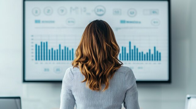 Professional businesswoman presenting financial data and growth strategies during a corporate meeting, highlighting charts and graphs in a modern office environment.