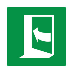 Green sign the door opens from you to the right. Designations the direction door opening in normal or emergency situations. Arrow pointing to the right shows the trajectory the door. Iso 7010.