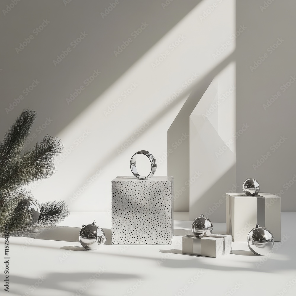 Aufkleber decorative silver objects arranged on minimalistic backdrop with shadows, creating an elegant holida