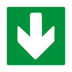 Green sign arrow down. Arrow pointing down. Shows the direction movement to the exit or shelter in an emergency. Movement down to the safety zone. Indicates the nearest safe point or exit. Iso 7010.