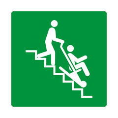 Green sign evacuation chair. Location the evacuation chair, designed to help people with disabilities. Ensuring safety and health in the workplace, public facilities. Iso 7010.