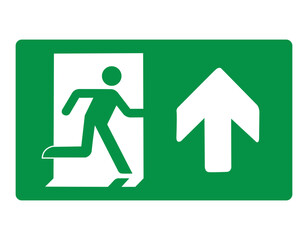 Green sign evacuation exit up. Designations location emergency evacuation exit. Quick and safe exit from a building or facility in case emergency. Direction a safe area. Iso 7010. Fire exit.