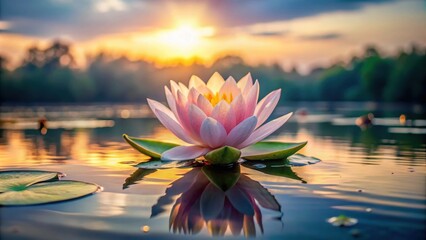 Lotus flower blooms on the surface of a serene lake at dawn, with dew drops glistening on its petals , dawn, serene,  dawn, serene