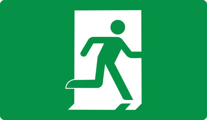 Green sign evacuation exit. Designations location emergency evacuation exit. Quick and safe exit from a building or facility in case emergency. Direction a safe area. Iso 7010. Fire exit.