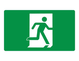 Green sign evacuation exit. Designations location emergency evacuation exit. Quick and safe exit from a building or facility in case emergency. Direction a safe area. Iso 7010. Fire exit.
