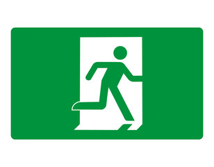 Green sign evacuation exit. Designations location emergency evacuation exit. Quick and safe exit from a building or facility in case emergency. Direction a safe area. Iso 7010. Fire exit.