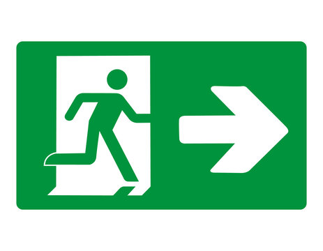 Green sign evacuation exit right. Designations location emergency evacuation exit. Quick and safe exit from a building or facility in case emergency. Direction a safe area. Iso 7010. Fire exit.
