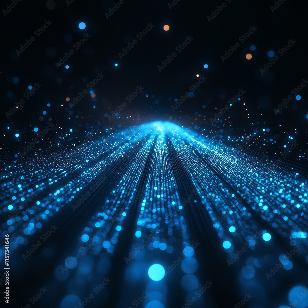Poster creating a luminous pathway of blue light particles in a digital space evoking a sense of depth and 
