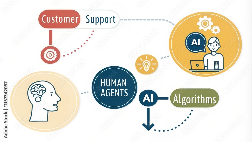Poster infographic illustrating the ai driven customer support process, connecting human agents, algorithms