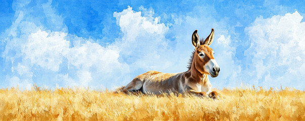 donkey rests peacefully in golden field under bright blue sky with fluffy white clouds, evoking serene and tranquil atmosphere