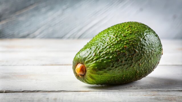 Eine reife Ganze Avocado liegt isoliert auf einem wei?en Tisch, die Haut ist leicht gebr?unt und die Schale ist leicht geknickt