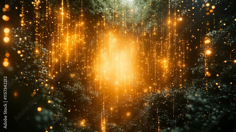 Poster illuminated particles cascade through a dark space, creating a mesmerizing display of light and ener