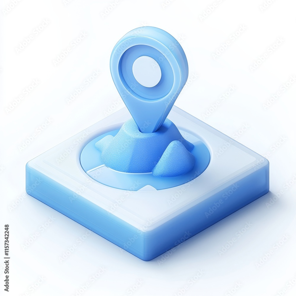 Poster digital pin icon representing a location marker on a map interface designed with a sleek blue and wh