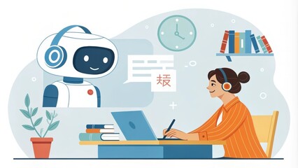 Student wearing headphones is learning a new language online with the help of a friendly ai robot tutor, enhancing language acquisition through innovative technology