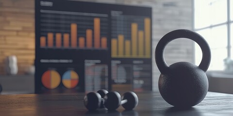 Kettlebell and Digital Chart Illustrating Strength Training Benefits