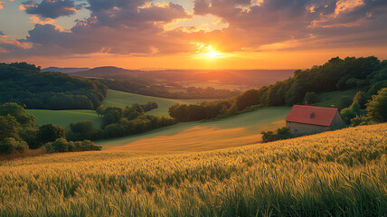 Fototapeta premium Sunset over rolling hills and wheat field with small house.