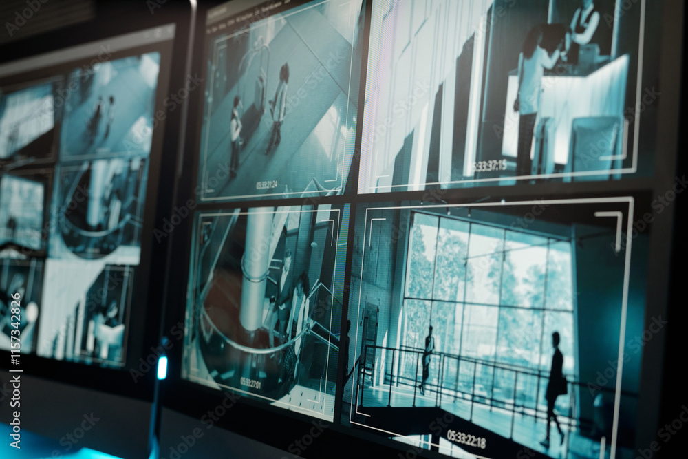 Poster Screen of desktop computer with cctv video system standing on workplace of security guard or officer of surveillance room