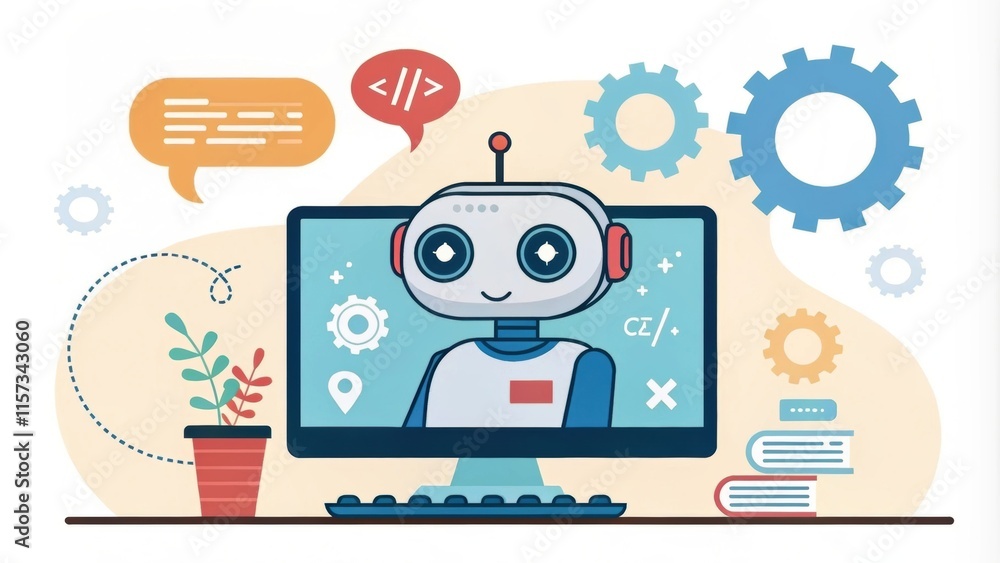 Poster friendly chatbot displayed on a computer screen, surrounded by symbols of communication and artifici