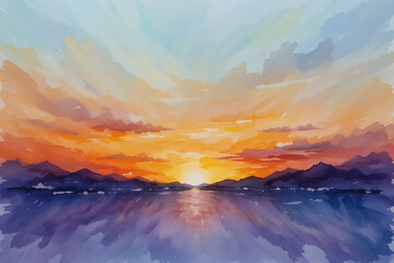 Abstract Watercolor Sunset Sky with Orange, Purple, Blue, Green Strokes and Textured Light Blue Background