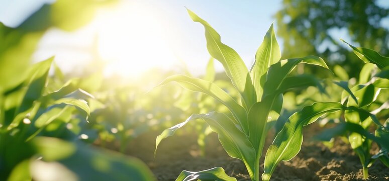 Sunlit cornfield with vibrant green plants reaching for the light.