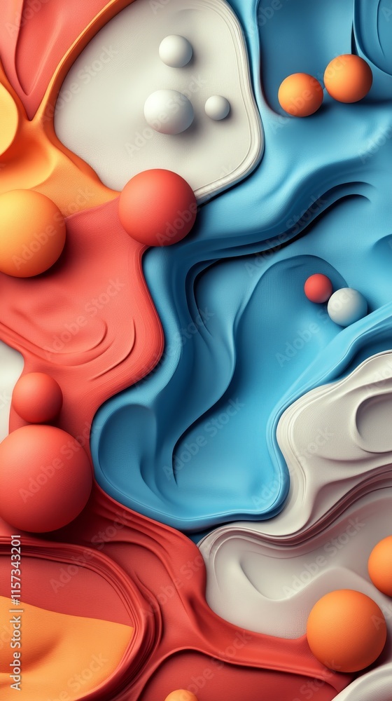 Poster vibrant abstract composition featuring flowing shapes and colorful spheres in a dynamic arrangement