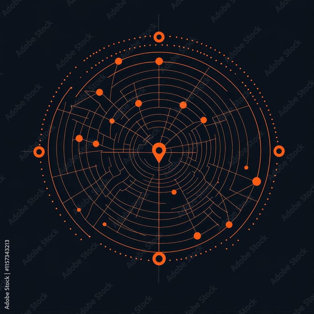 Poster unique circular radar graphic showcasing various data points and their connections against a dark ba