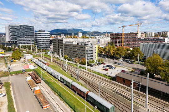 Aerial view of the city of Graz, Austria with the Ostbahnhof train station and the exhibition area