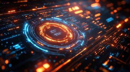Fototapeta premium Futuristic Technology Interface: Glowing Neon Circles and Digital Data Streams