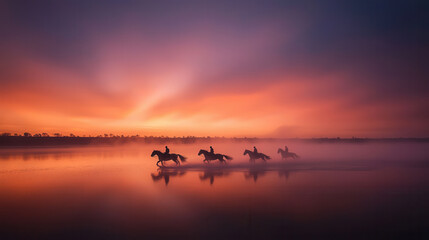 Naklejka premium Galloping horses silhouette against vibrant sunset sky, creating serene atmosphere