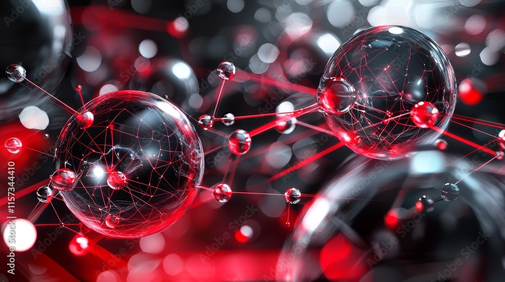 Poster abstract representation of molecular structures in red and black colors illustrating scientific conc