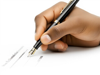 Hand signing a document with an elegant fountain pen against a white background. Represents business, legal agreements, and official documentation.