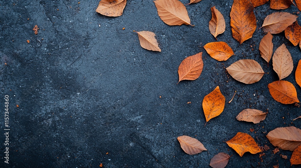 Poster rustling autumn leaves scattered on a dark surface creating a serene composition highlighting the be